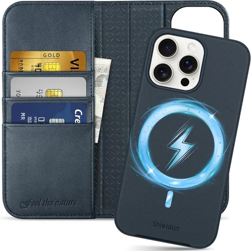 Vista 12 de SHIELDON Funda para iPhone 15 2023, funda de piel auténtica desmontable tipo cartera con función atril, bloqueo RFID, ranuras para tarjetas