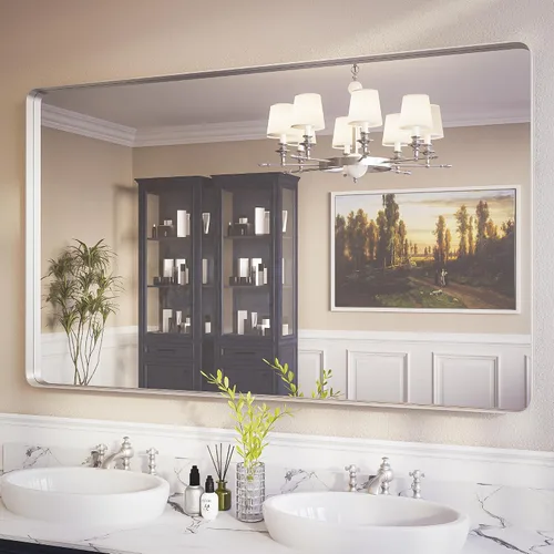 Vista 8 de ISKM Espejo con marco negro para pared de 20 x 16 pulgadas, espejo de tocador de baño antioxidante, vidrio templado, espejo rectangular redondeado