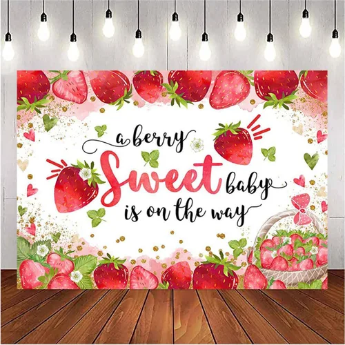 Vista 6 de Fondo de pantalla rosa de fresa para baby shower, fruta fresca y puntos dorados, papel tapiz fotográfico para niña, baby shower, decoración