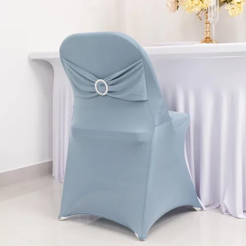 Vista 25 de Efavormart - Funda para silla de banquete de elastano beige con banda de hebilla de diamantes de imitación plateados, funda elástica para silla