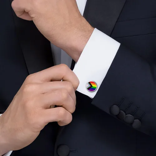 Vista 6 de Mancuernas redondas para hombre, diseño de bandera del orgullo del progreso, arco iris, gay, lesbiana, transgénero, bisexual, LGBTQ, 2