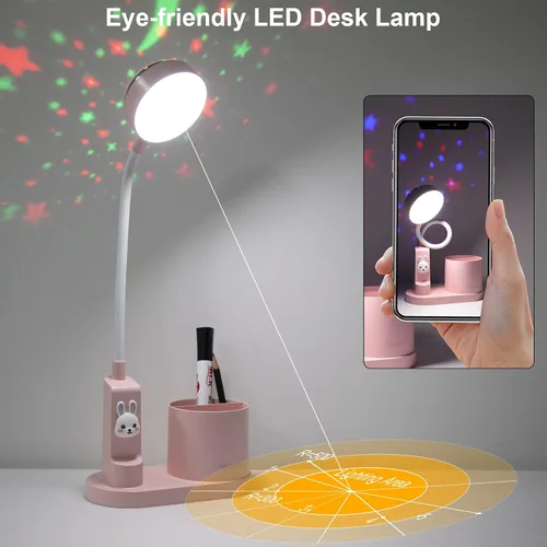Vista 5 de Lámpara de escritorio rosa para oficina en casa, pequeña luz de mesa táctil para niños Eye-Care Dimmable Bedside Reading Light, Flexible