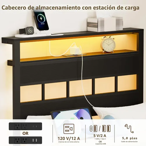 Vista 7 de Furnulem Marco de cama individual con estación de carga y luces LED, roble Soporte de listones de metal resistente, cabecera de almacenamiento