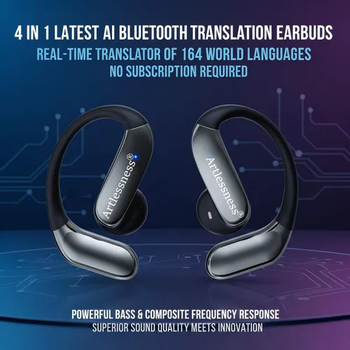 Vista 5 de Auriculares de traductor AI 4 en 1, audio de alta fidelidad, diseño de oreja abierta, 164 idiomas Latest AI Bluetooth Translation Earbuds,No Negro