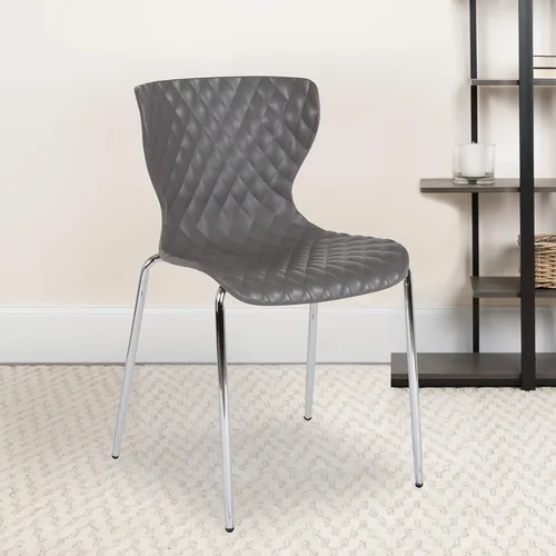 Vista 10 de EMMA + OLIVER Silla apilable de plástico negro de diseño contemporáneo Contemporáneo, respaldo y asiento contorneados, asiento de cascada