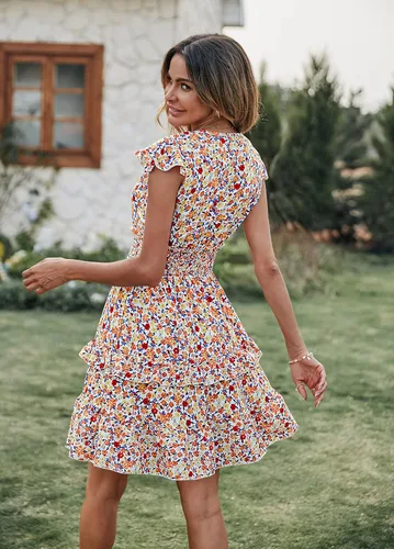 Vista 5 de PRETTYGARDEN Vestido corto bohemio con cuello en V, estampado floral, manga con volantes, vestido corto con cintura fruncida