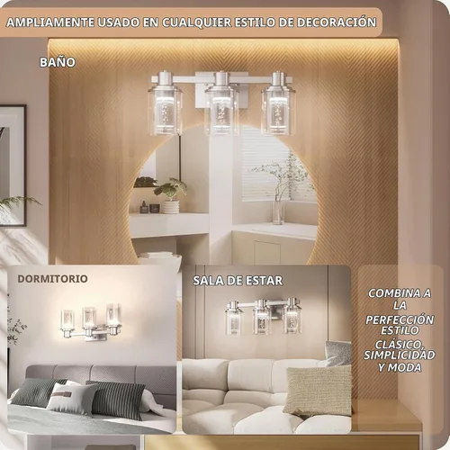 Vista 8 de Quntis Lámparas de baño de níquel cepillado con 5 modos de color, lámpara de tocador de baño moderna regulable de 3 luces sobre espejo, lámpara