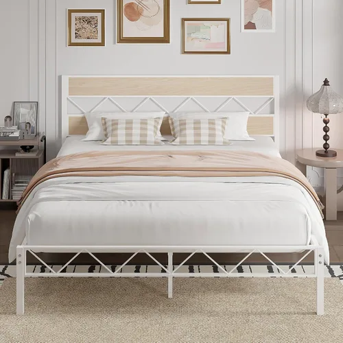 Vista 11 de VECELO Base de cama tamaño individual, plataforma de metal resistente con cabecera de madera, no necesita somier, color marrón antiguo