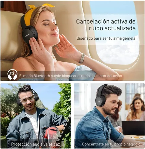 Vista 5 de RUNOLIM - Audífonos híbridos con cancelación activa de ruido, inalámbricos con Bluetooth, con micrófono, 70 horas de reproducción, plegables