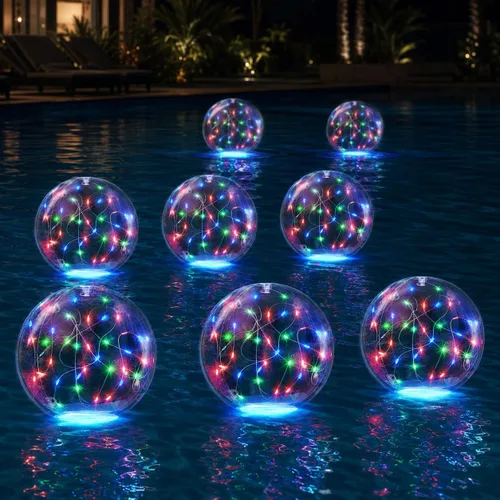 Vista 11 de TIALLY Luces flotantes de hadas para piscina alimentadas por energía solar, bolas LED inflables impermeables de 14 pulgadas, luces para piscina
