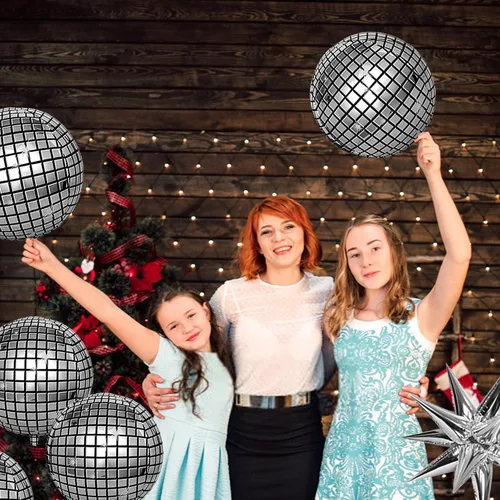 Vista 4 de 24 globos de bola de discoteca con 3 cortinas de flecos de aluminio, enormes globos de aluminio de estrella de explosión plateada para cumpleaños