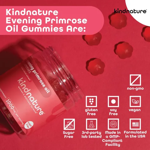 Vista 5 de kindnature Gomitas de aceite de onagra para mujer, 1000 mg + cohosh negro, PMS, perimenopausia y apoyo para la menopausia, vegano, sin azúcar, sin