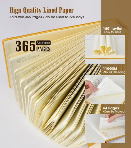Vista 3 de Cuaderno rayado, 365 páginas, tamaño A4, diario grande para escribir a rayas, diario de cuero de tapa dura para mujeres y hombres, cuaderno diario