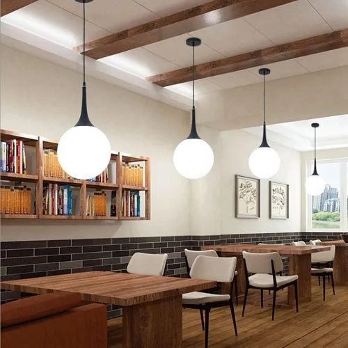 Vista 2 de Milky White Glass Spherical Pendant Lamp Modern Hanging Light Fixture E27/E26 Sockets Adjustable Wire Suspension Chandeliers for Cafe Restaurant Dark