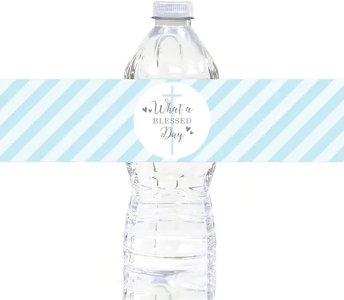 Vista 24 de Andaz Press Colección de bautismo de niño azul y gris, banderín colgante personalizado con cuerda, agradecimiento por celebrar el bautismo