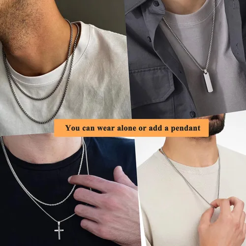 Vista 2 de Reoxvo Collares de cadena de plata para hombres, niños y mujeres, caja de acero inoxidableFigarocuerda trenzadacollar de cadena de eslabones cubanos