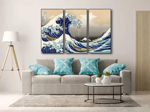 Vista 3 de Wieco Art Arte enmarcado de aluminio negro grande, 3 paneles, gran ola de Kanagawa, Katsushika Hokusai, impresiones en lienzo de arte de pared