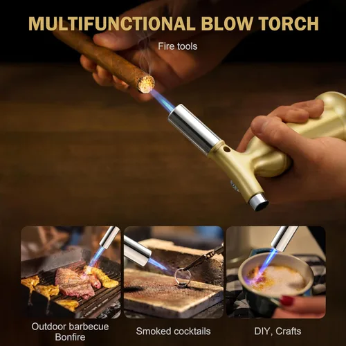 Vista 7 de RAVS Encendedor Antorcha de Butano con Diseño de Cobre Sólido, Encendedor Antorcha de Cocina con Llama Ajustable, Soplete Recargable para Crème