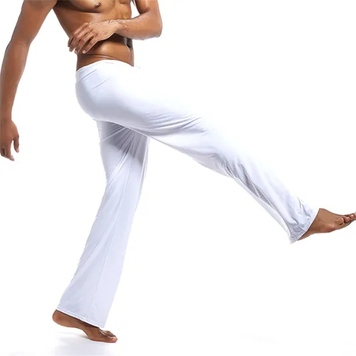 Vista 2 de Pantalones largos de yoga de seda de hielo para hombre, tiro bajo, elástico con cordón para dormir, ligeros, sueltos, modales, pantalones harén