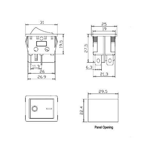 Vista 3 de Interruptor basculante DPST On-Off Unilluminated Negro 4 Pin 1.220x0.984 in Rectangular Snap-in Interruptor de alimentación de palanca