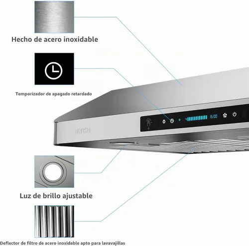 Vista 5 de IKTCH Campana extractora para debajo del gabinete de 30 pulgadas con 900 CFM, panel de control táctil y detección de gestos de 4 velocidades