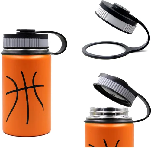 Vista 3 de Botella de agua de baloncesto de 12 onzas, botella de agua deportiva aislada al vacío de acero inoxidable con popote y 2 tapas, botella de agua
