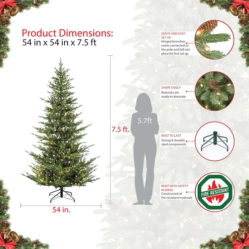 Vista 3 de Puleo International Árbol de Navidad artificial de abeto natural preiluminado de 7.5 pies con 700 luces transparentes