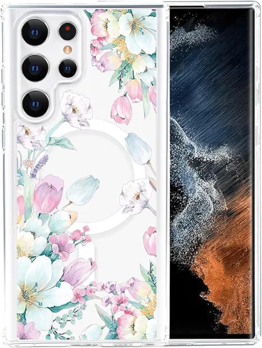 Vista 83 de Funda magnética para Samsung Galaxy S22 Ultra Flower, compatible con MagSafe, patrón floral transparente a prueba de golpes, parte trasera