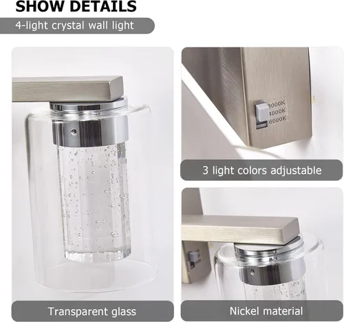 Vista 13 de SADENICEL Accesorios de iluminación de baño de 4 luces, níquel cepillado, LED regulable blanco/neutro/cálido, luces de tocador de baño de cristal