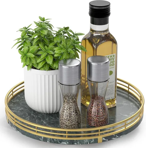 Vista 24 de Marble Lazy Susan - Tocadiscos para mesa, bandeja redonda de mármol de grano de madera antigua de 10 pulgadas para mesa de comedor, encimera de Negro