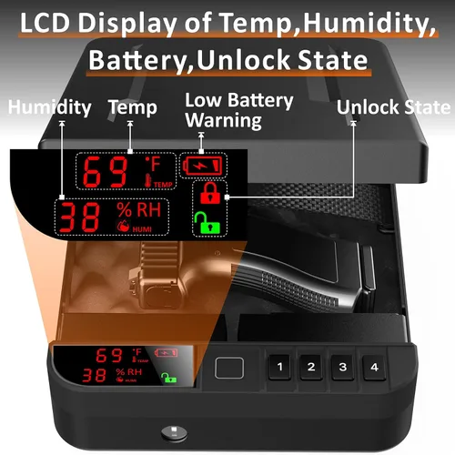 Vista 4 de Z ZLJUAN - Caja fuerte portátil para armas y pistolas con pantalla LCD de temperatura, humedad, huella digital biométrica, cerradura con teclado