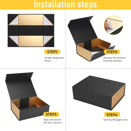 Vista 2 de Ditwis Caja de regalo de 12x9x4 pulgadas con tapa de cierre magnético, caja magnética negra y dorada para boda, propuesta de padrinos y damas