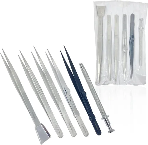 Vista 9 de Cynamed Juego de herramientas de pinzas de precisión para pasatiempos, kit de pinzas largas de acero inoxidable, pinzas curvadas para electrónica