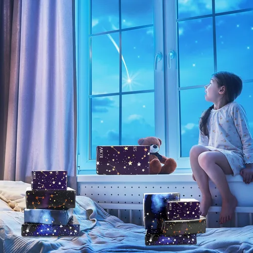 Vista 6 de 12 hojas de papel de regalo de galaxia, no enrollado, papel de regalo de constelación de cielo estrellado azul y morado, plegado plano