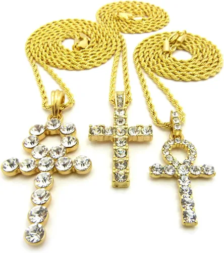 Vista 5 de Iced Out Breath of Life Ankh, colgante de cruz de 24.0in, 30 pulgadas, cadena de cuerda de 3 collar en tono dorado