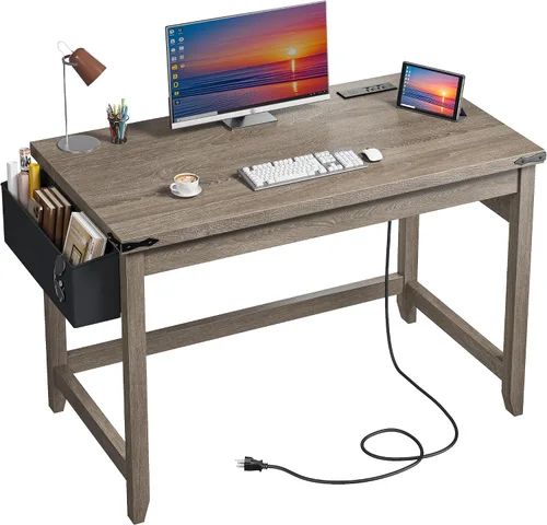 Vista 6 de EnHomee Escritorio rústico de 32 pulgadas, escritorio pequeño para dormitorio con toma de corriente y bolsa de almacenamiento, escritorio resistente