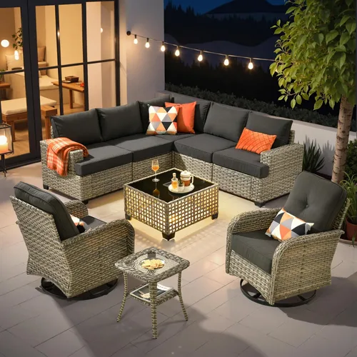 Vista 90 de HOOOWOOO Juego de muebles seccionales de patio con mesa de luz solar, 6 piezas de mimbre para exteriores, sofá en forma de L, juego de conversación