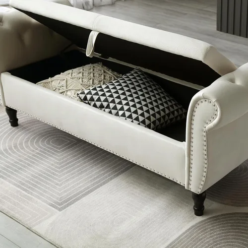 Vista 7 de Banco de almacenamiento rectangular de terciopelo de 63 pulgadas, taburete otomano, con botones copetudos, bancos de ventana con ribete de cabeza