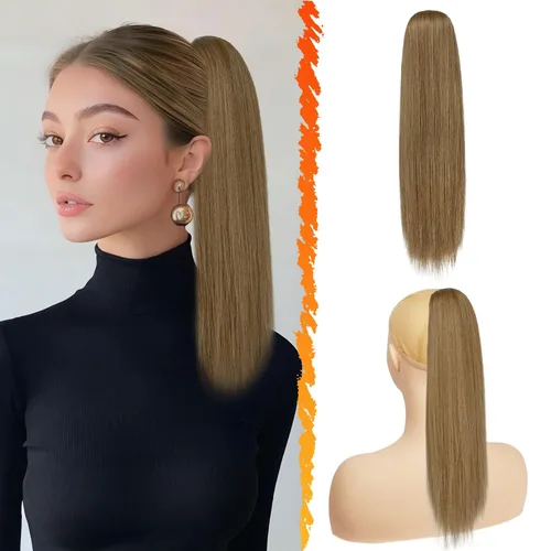 Vista 13 de Barsdar Extensión de cola de caballo marrón oscuro - Extensiones de cola de caballo cortas y rectas de 14 pulgadas con cordón para mujeres