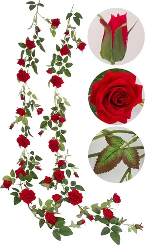 Vista 10 de Guirnalda de rosas artificiales de 6 pies de largo, enredadera aterciopelada para arco de boda, telón de fondo, decoración del hogar, corona (fucsia)