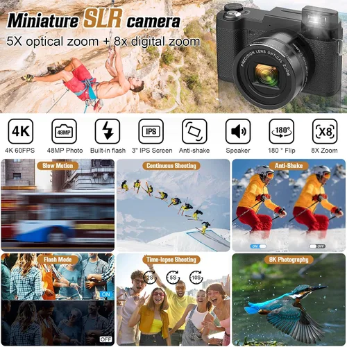 Vista 2 de Cámara digital 4K para fotografía, enfoque automático, cámara de vlogging de 48 MP para YouTube, cámara compacta de zoom digital 8X, pantalla de 3