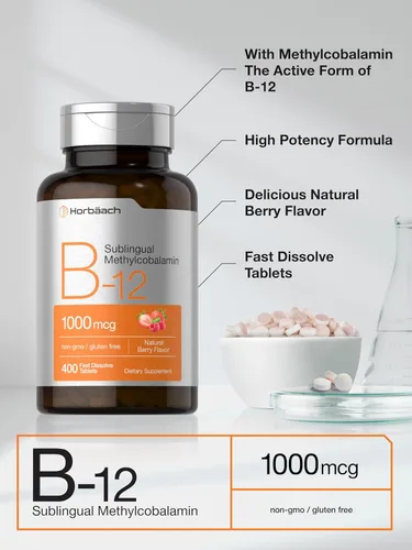 Vista 8 de Horbäach Vitamina B12 1000 mcg Sublingual 400 Comprimidos de Disolución Rápida Suplemento de Metilcobalamina para Mujeres y Hombres Sabor a