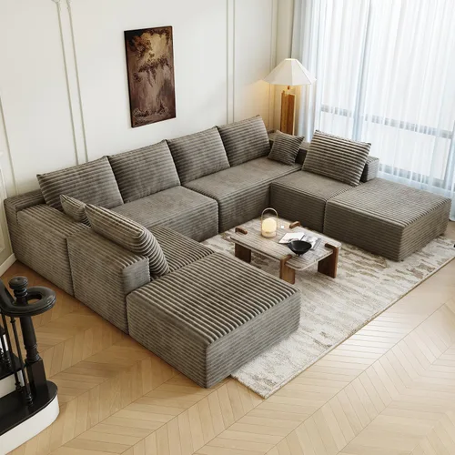Vista 30 de Sofá modular modular de 139.4 pulgadas, sofás minimalistas en forma de L con diván de asiento medio, moderno sofá convertible de asiento profundo