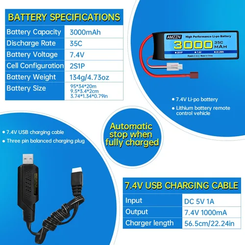 Vista 3 de Batería Lipo de 7.4V 3000mAh 35C 2S T-Plug con cable de carga USB para coche RC, modelo de camión, barco de control remoto, RC Quadcopter Qircraft