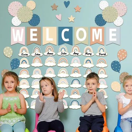 Vista 5 de Juego de 67 tablones de anuncios de bienvenida Simply Boho para aula, tablero de anuncios de arcoíris, decoración de aula, abanicos de papel