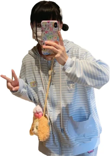 Vista 5 de Sudadera con capucha y cremallera de rayas azules con estampado de gato japonés Kawaii para mujer, abrigo dulce y lindo