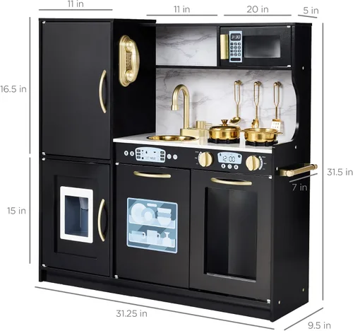 Vista 7 de Best Choice Products - Juego de cocina de madera para niños, juego de cocina con fregadero, horno, microondas, refrigerador, máquina de hielo y Negro