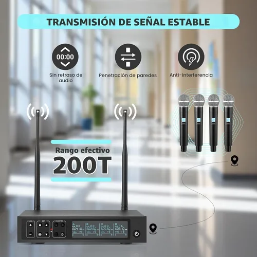 Vista 2 de Sistema de micrófono inalámbrico, micrófonos de mano inalámbricos de 4 x 50 canales, rango UHF de 200 pies, micrófonos con transmisión de señal