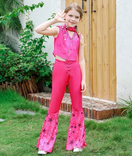 Vista 2 de Disfraz de vaquera para niñas, color rosa intenso, disfraz de discoteca para Halloween, fiesta de cumpleaños
