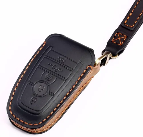 Vista 5 de Funda de cuero para llave de auto para Ford F-150 Mustang, llave inteligente con mando a distancia, funda de 5 botones, color negro